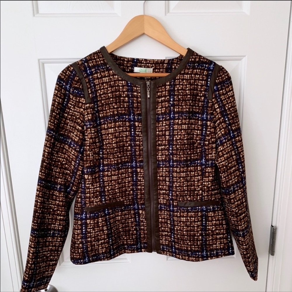 JADE Zip Jacket Blazer Brown Tartan Blue Lined M